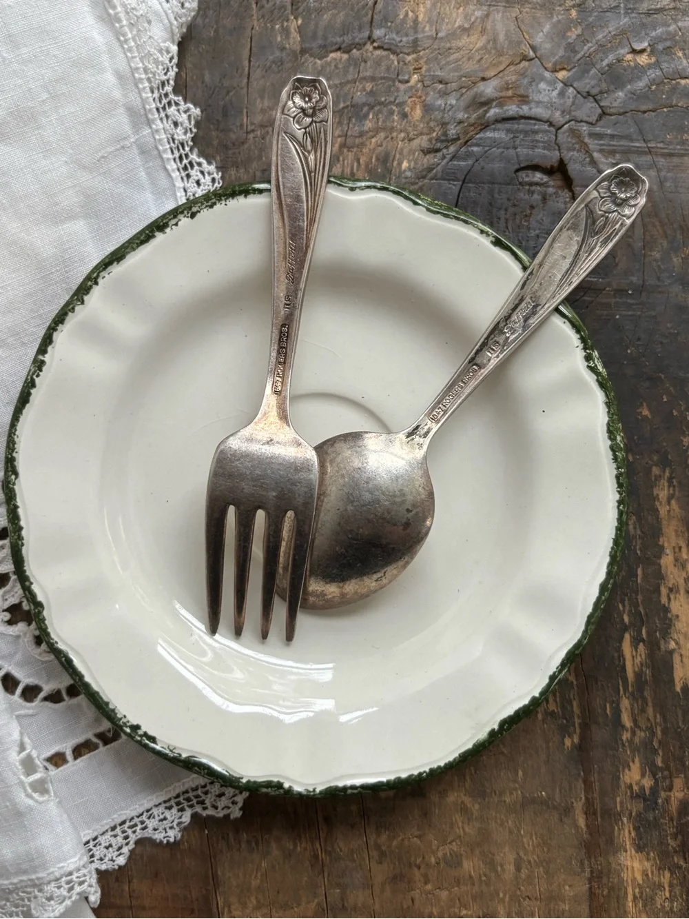 Vintage silver plated baby spoon and fork with embossed daffodil. Rogers Bros
